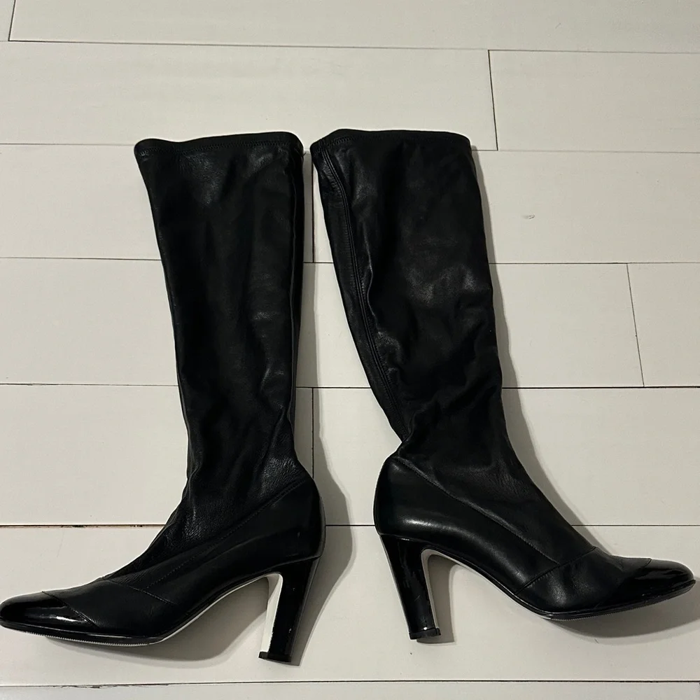 Chanel Heeled Boots Lambskin Tall Boots Cap Round Toe Patent Leather Black EU 38